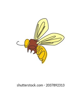 Un dibujo de una sola línea de la adorable abeja para la identidad del logo de la compañía. Concepto de ícono de granja de abejas desde forma de animal de avispa. Ilustración gráfica vectorial de diseño de líneas continuas de moda