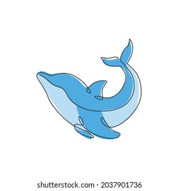 One single line drawing of cute beautiful dolphin for company logo identity. Funny beauty mammal animal mascot concept for circus icon. Modern continuous line draw vector graphic design illustration