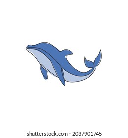 One single line drawing of cute beautiful dolphin for company logo identity. Funny beauty mammal animal mascot concept for circus icon. Modern continuous line draw vector graphic design illustration