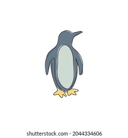 One single line drawing of cute funny penguin for company business logo identity. North pole bird mascot concept for national zoo park. Trendy continuous line vector draw graphic design illustration
