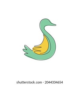 One single line drawing of cute funny white duck for company business logo identity. Little beauty swan mascot concept for public park. Trendy continuous line draw vector graphic design illustration