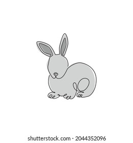 One single line drawing of cute pose rabbit for brand business logo identity. Adorable bunny animal mascot concept for breeding farm icon. Continuous line draw design vector graphic illustration