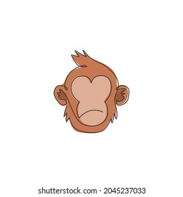 One Single Line Drawing Of Cute Thinking Monkey Head For Company Business Logo Identity. Adorable Primate Animal Mascot Concept For Corporate Icon. Continuous Line Draw Design Vector Illustration