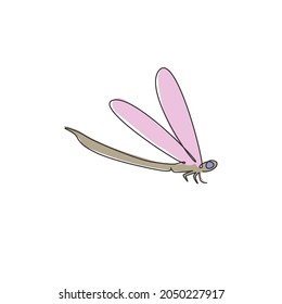 One single line drawing of cute dragonfly for company logo identity. Odonata animal mascot concept for insect lover club icon. Modern continuous line draw design vector illustration