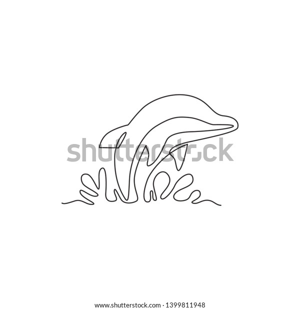 会社のロゴアイデンティティーにかわいいイルカを1行描き サーカスのアイコンのための面白い哺乳動物のマスコットコンセプト 実線描画のデザインイラスト のベクター画像素材 ロイヤリティフリー