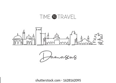 One Single Line Drawing Of Damascus City Skyline, Syria. Historical Town Landscape Home Wall Decor Art Poster Print. Best Holiday Destination. Trendy Continuous Line Draw Design Vector Illustration