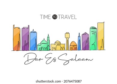 One single line drawing of Dar Es Salaam city skyline, Tanzania. Historical place landscape postcard print. Best holiday destination. Editable stroke Continuous line draw design vector illustration