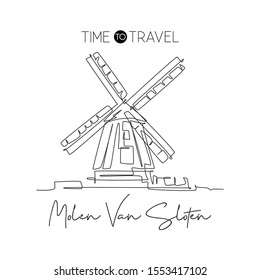 Un dibujo de una sola línea de bienvenida al monumento de De Gooyer Windmill. Lugar mundialmente famoso en Holanda. Concepto de tarjeta postal de turismo y viajes. Ilustración vectorial de diseño de dibujo continuo moderno