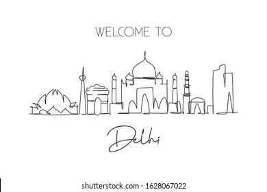 One single line drawing of Delhi city skyline, India. Historical town landscape in the world. Best holiday destination. Editable stroke trendy continuous line draw design vector graphic illustration