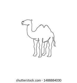 One single line drawing of desert Arabian camel for logo identity. Cute mammal animal concept for livestock husbandry icon. Trendy continuous line draw design graphic vector illustration