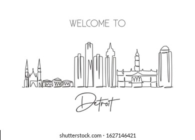 One single line drawing of Detroit city skyline, United States. Historical town landscape. Best holiday destination home wall decor poster print. Trendy continuous line draw design vector illustration