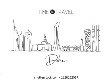 One single line drawing of Doha city skyline, Qatar. Historical town landscape in the world. Best holiday destination. Editable stroke trendy continuous line draw design vector graphic illustration