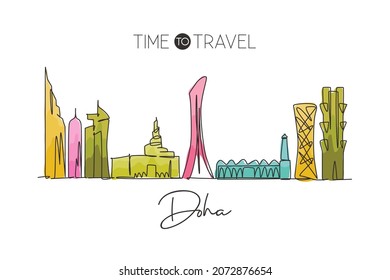 One single line drawing of Doha city skyline, Qatar. Historical town landscape in the world. Best holiday destination. Editable stroke trendy continuous line draw design vector graphic illustration