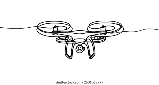 One single line drawing of drone flying, vector graphic illustration of unmanned drone. Modern aerial gadget for videography concept. Modern continuous line drawing design
