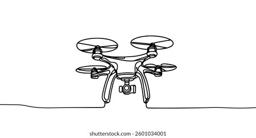 One single line drawing of drone flying, vector graphic illustration of unmanned drone. Modern aerial gadget for videography concept. Modern continuous line drawing design
