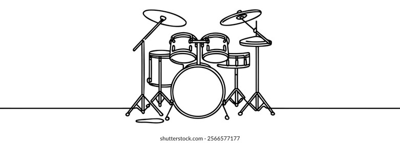 One single line drawing of drum band set, drum kit. Percussion music instruments concept. Trendy continuous line draw design graphic vector illustration