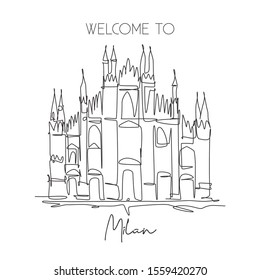 One single line drawing Duomo di Milano landmark. World famous place in Milan, Italy. Tourism travel postcard home wall decor poster concept. Modern continuous line draw design vector illustrationa