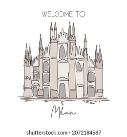 One single line drawing Duomo di Milano landmark. World famous place in Milan, Italy. Tourism travel postcard home wall decor poster concept. Modern continuous line draw design vector illustrationa