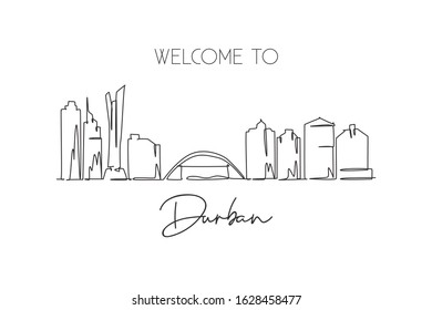 One Single Line Drawing Of Durban City Skyline, South Africa. World Historical Town Landscape Wall Decor Poster Print. Best Holiday Destination. Trendy Continuous Line Draw Design Vector Illustration