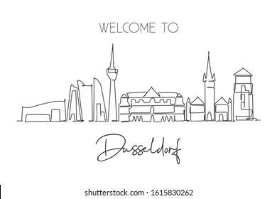 One single line drawing of Dusseldorf city skyline, Germany. Historical skyscraper landscape in world. Best holiday wall decor art destination. Trendy continuous line draw design vector illustration