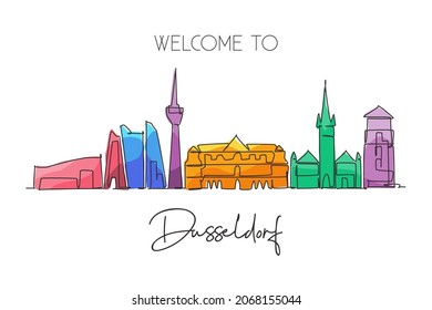 One single line drawing of Dusseldorf city skyline, Germany. Historical skyscraper landscape in world. Best holiday wall decor art destination. Trendy continuous line draw design vector illustration