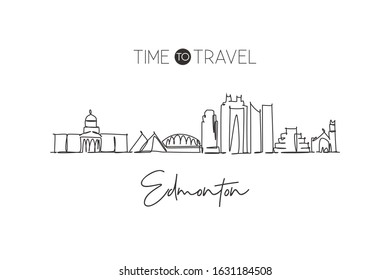 One single line drawing of Edmonton city skyline, Canada. World historical town landscape. Best place holiday destination home wall decor poster. Trendy continuous line draw design vector illustration