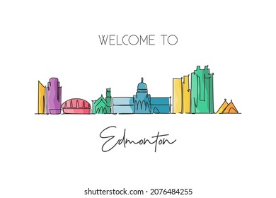 One single line drawing of Edmonton city skyline, Canada. World historical town landscape. Best place holiday destination home wall decor poster. Trendy continuous line draw design vector illustration