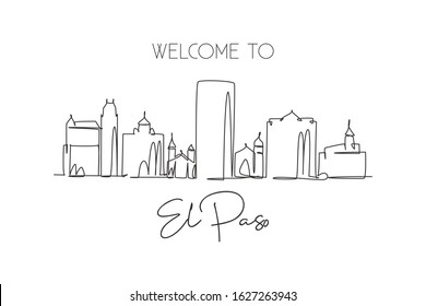 One single line drawing of El Paso city skyline, Texas. Historical town landscape. Best holiday destination home wall art decor poster print. Trendy continuous line draw design vector illustration