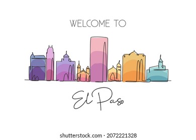 One single line drawing of El Paso city skyline, Texas. Historical town landscape. Best holiday destination home wall art decor poster print. Trendy continuous line draw design vector illustration