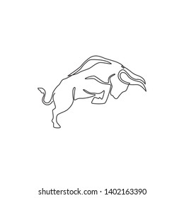 One single line drawing of elegance buffalo for conservation national park logo identity. Big strong bull mascot concept for rodeo show. Trendy continuous line draw design vector graphic illustration