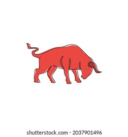 One single line drawing of elegance buffalo for conservation national park logo identity. Big strong bull mascot concept for rodeo show. Trendy continuous line draw vector graphic design illustration