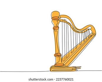 One single line drawing of elegant classical harp. Stringed music instruments concept. Modern continuous line draw design graphic vector illustration