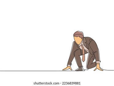 One single line drawing of employee of company get ready on start line to do sprint race. Business running competition concept. Trendy continuous line draw design vector graphic illustration