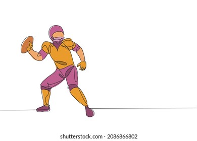 One single line drawing of energetic american football player stance to throw the ball for national league promotion. Sport competition concept. Modern continuous line draw design vector illustration