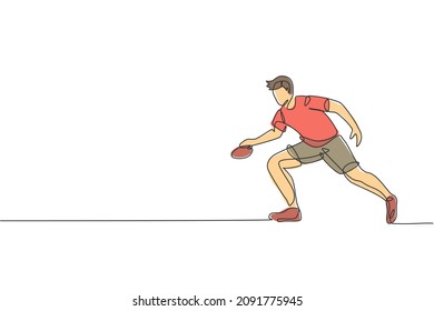 One single line drawing of energetic man table tennis player practice to hold rival smash vector illustration graphic. Sport concept. Modern continuous line draw design for ping pong tournament banner