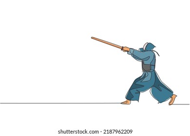 One Single Line Drawing Energetic Man Exercise Attack Skill On Kendo Game With Wooden Sword At Gym Center Graphic Vector Illustration. Combative Fight Sport Concept. Modern Continuous Line Draw Design