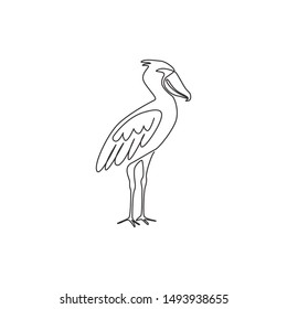 One single line drawing of enormous shoebill for company logo identity. Large prehistoric bird mascot concept for bird conservation icon. Modern continuous line draw graphic design vector illustration