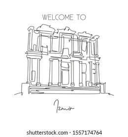 One single line drawing Ephesus Ancient landmark. World famous place in Selçuk Ismir, Turkey. Tourism travel postcard wall decor poster concept. Modern continuous line draw design vector illustration