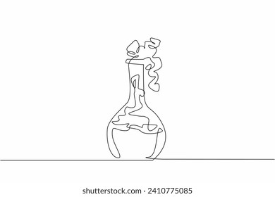 One single line drawing of erlenmeyer flask with concoct medicine formula liquid. National Pharmacist Day. Laboratory experiment to create new vaccine to cure pandemic disease. New vaccine invention