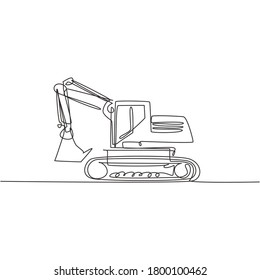 One single line drawing of excavator for digging soil vector illustration, business transportation. Heavy machines vehicles construction concept. Modern continuous line draw design graphic