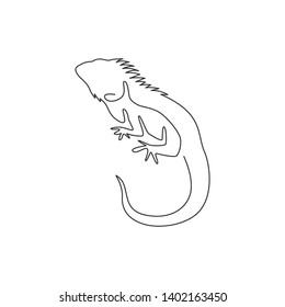 One single line drawing of exotic iguana for company logo identity. Cute reptilian animal mascot concept for pet lover society. Trendy continuous line draw design vector graphic illustration