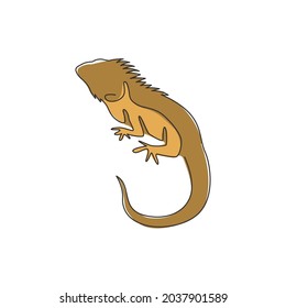 One single line drawing of exotic iguana for company logo identity. Cute reptilian animal mascot concept for pet lover society. Trendy continuous line draw design vector graphic illustration