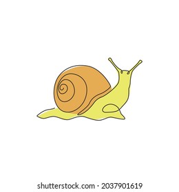 One single line drawing of exotic snail with spiral shell mascot concept for organic food logo identity. High nutritious escargot healthy food. Single line draw vector graphic design illustration