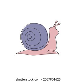 One single line drawing of exotic snail mascot concept for healthy food logo identity. High nutritious escargot healthy food. Modern continuous line draw vector graphic design illustration