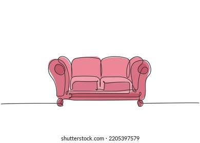 One single line drawing of expensive luxury leather sofa home appliance. Comfortable couch for living room, furniture concept. Dynamic continuous line draw design graphic vector illustration