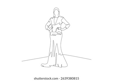 One single line drawing of fashion model posing waist in nice clothes. Fashion model minimalist concept. Fashion trendy minimalist concept. Simple line for fashion.