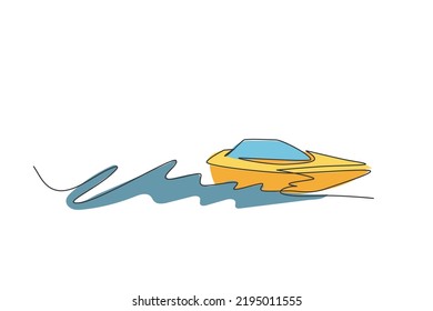 One Single Line Drawing Of Fast Speed Boat Sailing On The Sea Graphic Vector Illustration. Water Transportation Vehicle Concept. Modern Continuous Line Draw Design