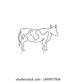 One single line drawing of fat cow for husbandry logo identity. Mammal animal mascot concept for livestock icon. Continuous line draw design graphic vector illustration