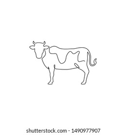 One single line drawing of fat cow for husbandry logo identity. Mammal animal mascot concept for livestock icon. Continuous line draw design vector illustration graphic