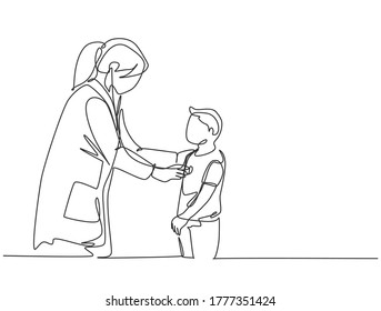 One single line drawing of female pediatric doctor examining heart beat of young boy patient with stethoscope. Trendy medical health care treatment concept continuous line draw design vector illustration